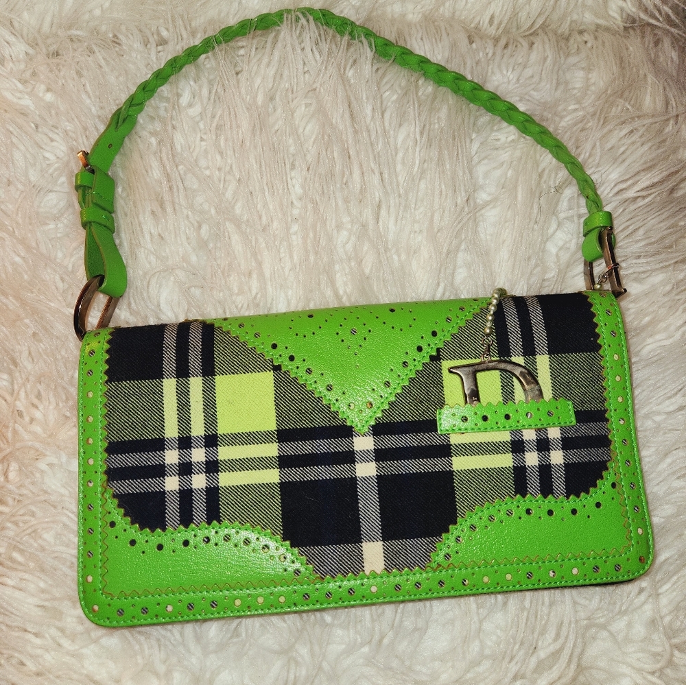 Dior Shoulder Bag 38828 D'trick Plaid Green Canvas Baguette